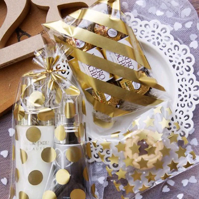 Present Wrap Candy Box Cookie Plastpåsar för kex Snack Baking Package Transparent väska med vitt guld Dotsgift Wrapift