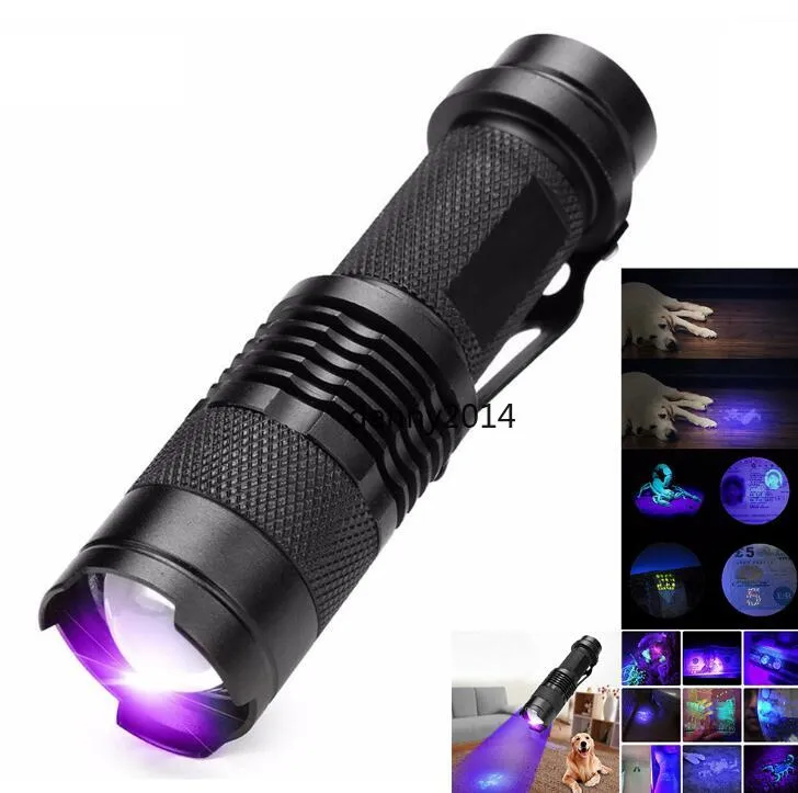 محمولة UV المصباح Mini Q5 XML LED Torch 395nm 365nm Blacklight الضوء البنفسجي Troch الإضاءة الأرجواني مصابيح فلاش المصباح الألمنيوم SK68