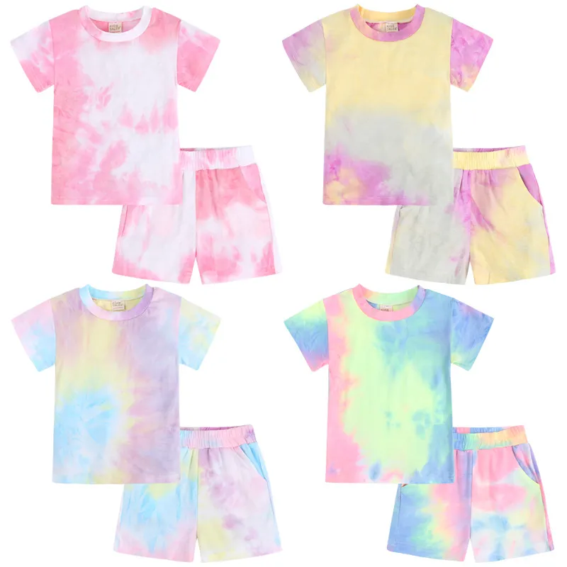 Kids Designer Kläder Girls Tie Dye Sommar Kläder Ställer Pojkar Kortärmad T-shirts Shorts Outfits Lösa toppar Byxor Passar Fritidslitage 2st / set B7984