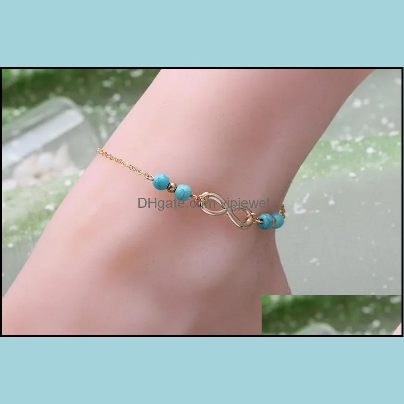 8 characters beaded anklet infinite 4 blue beads pendant gold charm ladies summer ankle fashion jewelry good luck d936l a