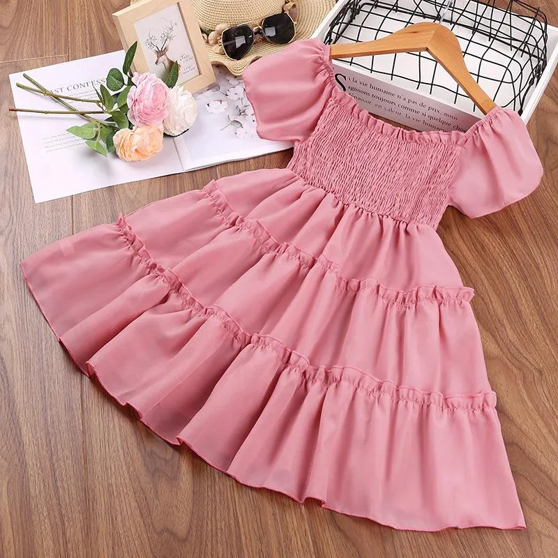 Girl's Dresses Girls Casual Solid Dress 18Months - 6Years Old Baby Children Summer Puffy-Sleeves Princess Sweet Cake Chinffon DressGirl's