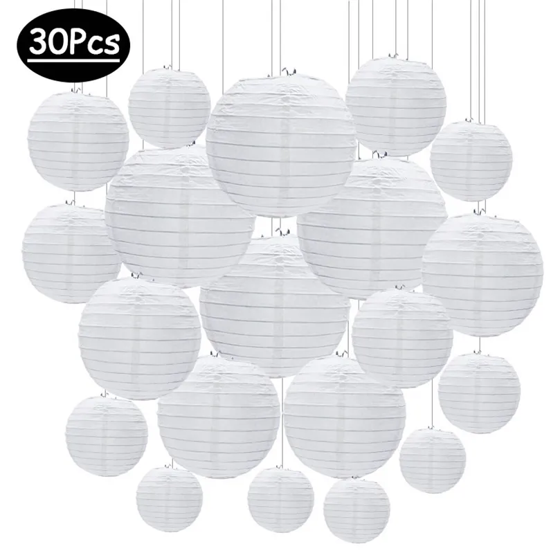 30pcslot 412 White Chinese Paper Lanterns Ball Hanging Round Lantern For Wedding Birthday Party Eid Ramadan Decorations 220527