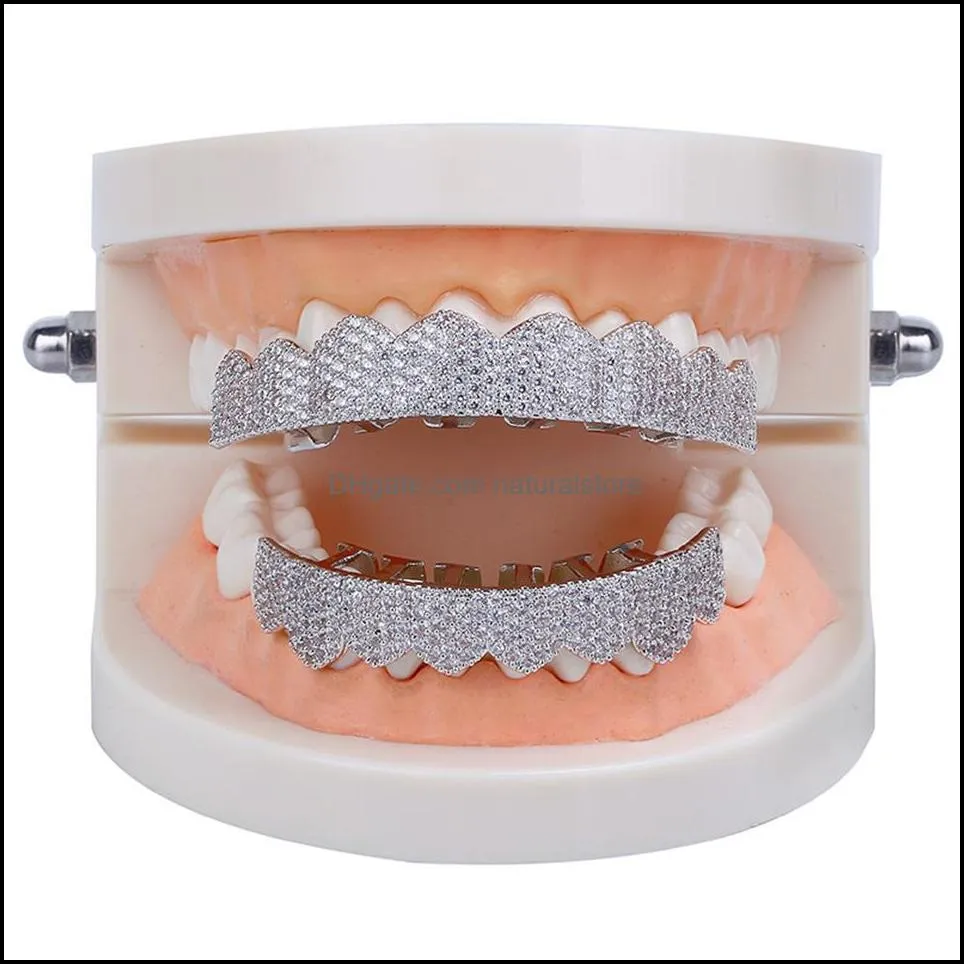 other hip hop cubic zirconia paved bling iced out flat teeth grillzs top bottom set dental grills men rapper cosplay jewelry gift1260i