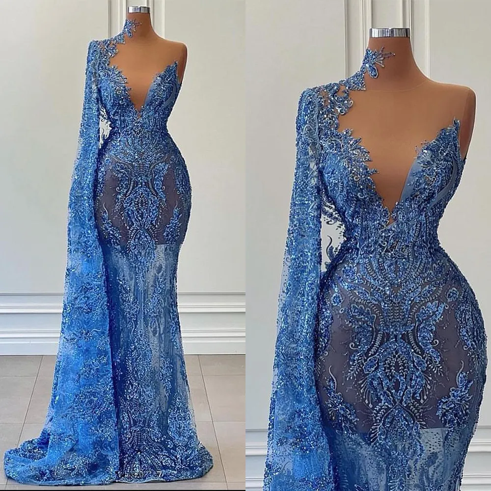 Bébé Bleu Sirène Une Épaule Illusion Voir À Travers Les Robes De Bal Robe De Soirée Sur Mesure En Dentelle Paillettes Femmes Formelle Robe De Soirée De Célébrité