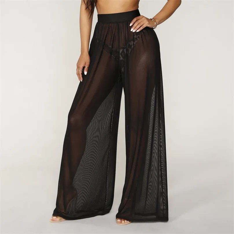 Kobiety patrzą przez Boho szeroką nogę pod wysoką talią spodnie na plażę długie luźne siatki Sheer Sheer Pants Bikini dolne pokrywę plażową 220524