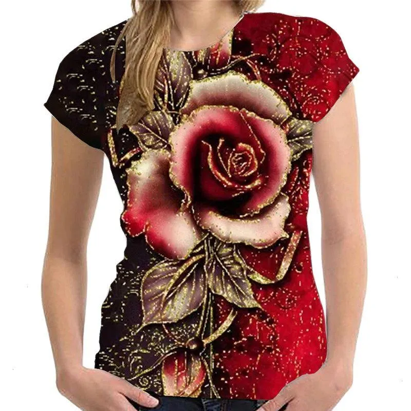 Summer T-shirty T-shirts Górna różowa złota krótkie rękaw Rose 3D nadruk damski koszulka harajuku moda o nokół koszulki kobiet koszulki 6xl