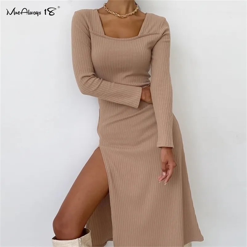 Mnealways18 Split Sexy Solid Knitted Dress Long Sleeve Khaki Ribbed Casual Women Dresses Midi Autumn Winter Ladies Bodycon Dress 220316