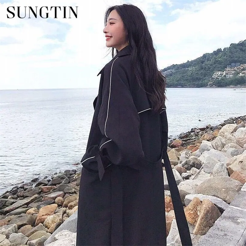 Sungtin Brand Fashion Women Women Long Trench Coat With Belt Spring Autumn Casats Black feminino chique em peito duplo fora T200805