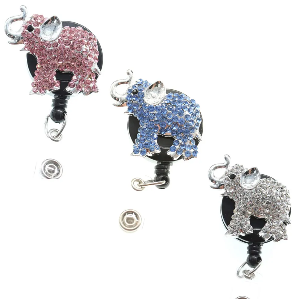 Mode sleutel ringen roze blauw kristal strass dier olifant intrekbare id naam tag badge reel clip