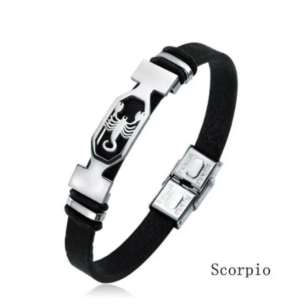 12 Constellatie roestvrijstalen manchetarmband Men vrouwen Zodiac teken zwart leer wrap armband sieraden pulseras hombre gc1211