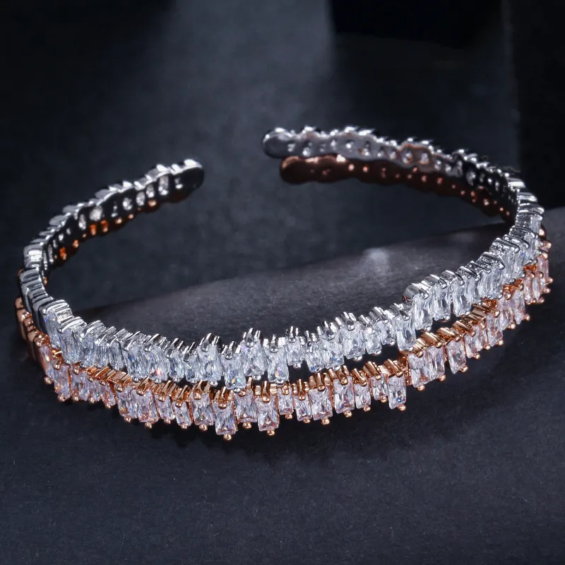 3A Cubic Zirconia Manchet Armbanden Openen Verstelbare Armband Luxe Mode Koper Rose Goud Zilver Onregelmatig Armband Designer Sieraden voor Vrouwen Vriend Gift