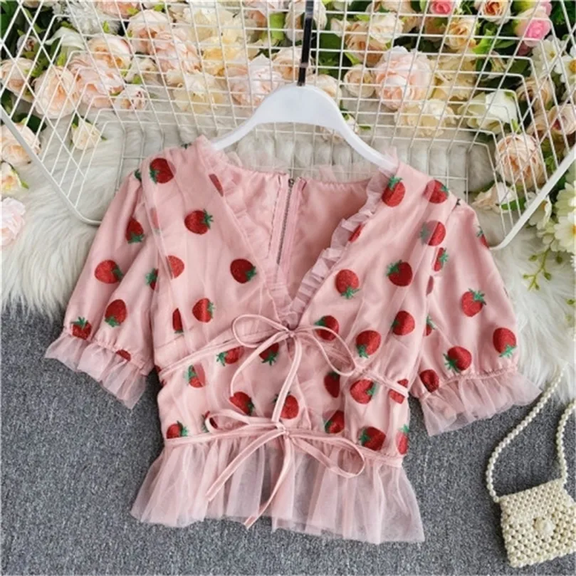 Pink Strawberry Shirts Mesh Sexy V Neck Blouses Woman Summer Puff Sleeve Blusa Shirts Casual Sweet Tops Female party blouse 210308