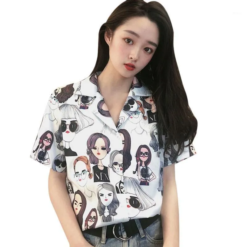Блузя женщины в корейском стиле мультфильм красотки распечатывают шахтные рубашки кнопки на кнопку свободных блуз