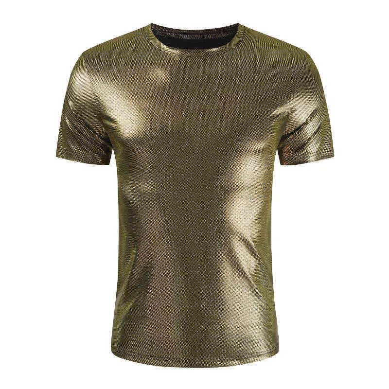 Блестящая золотая покрытая металлическая ночная швейная футболка Men Men 2022 Бренд Диско Вечеринка сцены выпускной штифт Men Streetwear футболка Homme L220704