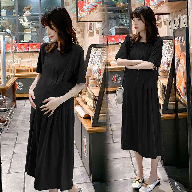 Mulheres grávidas de verão tricô vestido de algodão vestido de maternidade de manga curta oneck vestido modal vestido solto por atacado J220628