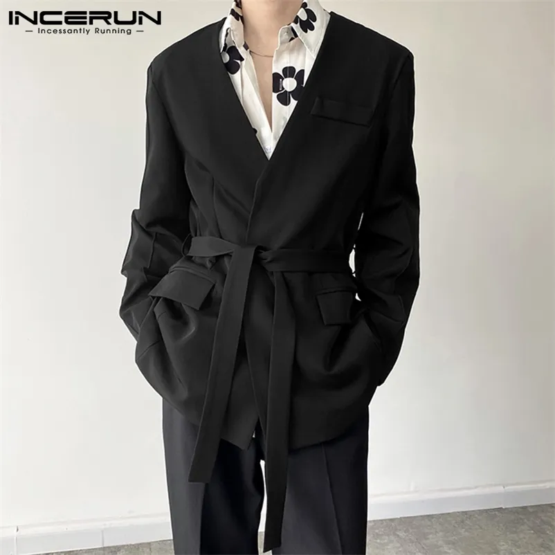 INCERUN Men Blazer V Neck Long Sleeve Solid Elegant Casual Suits With Belt Streetwear Fashion Leisure Thin Jackets S-5XL 220409