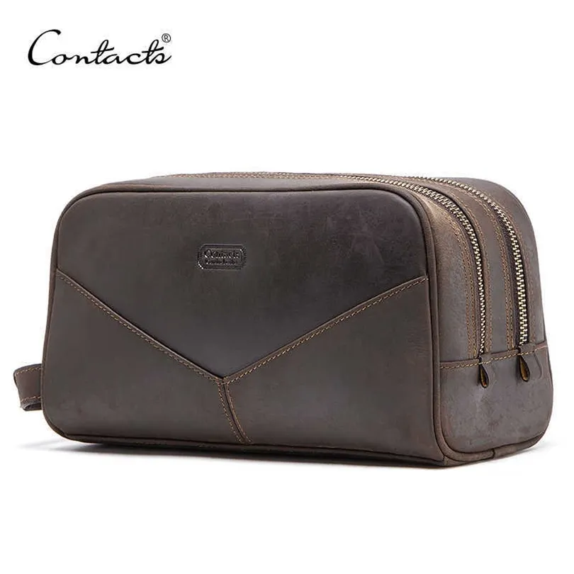 Contain's Crazy Horse Leather Leather Men Cosmetic Bag Bag Bag Big Crace Wash Wash Man's Make Up Bags Organizer 210624