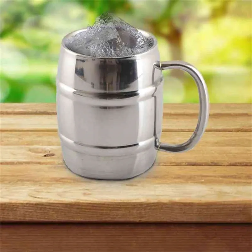 Nouveau chaud 320ml 450ml double tasse en acier inoxydable tasse de camping en plein air portable thé tasse de bière avec poignée 210409