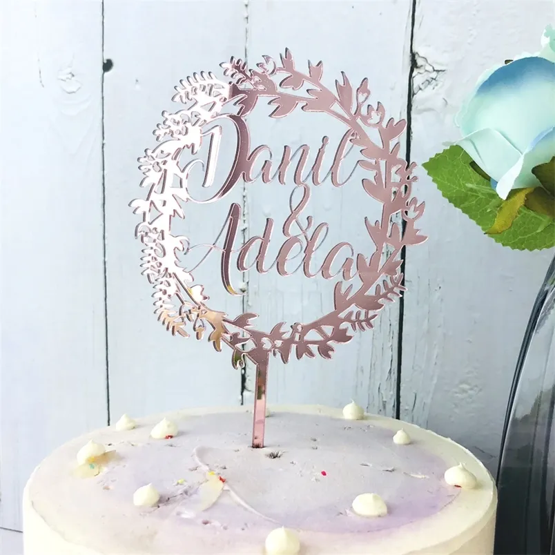 Specchio in oro rosa Nomi personalizzati Torta nuziale Bridal Shower Topper Calligrafia Cake Topper Sposa e sposo Decorazioni di nozze rustiche D220618