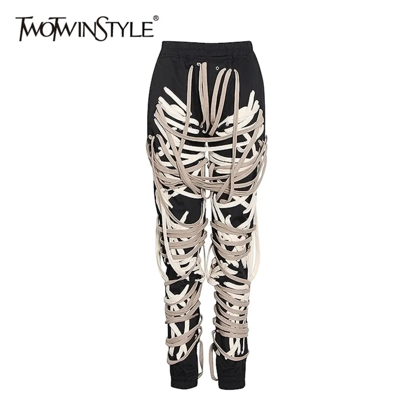 Twotwinstyle Casual Patchwork Bandage calça preta para mulheres de cintura alta calça de harém de harém feminino Autumn moda New 201112