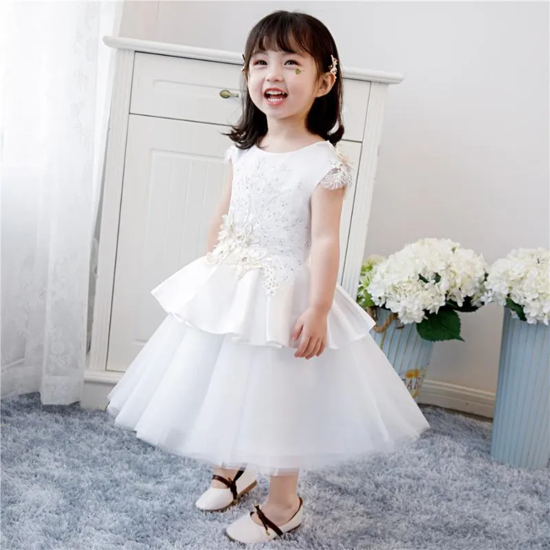 Girl's Dresses Cute Sleeveless Born Baptism For Baby Girl Beads Appliques First Birthday Party Wear Infant Girls Christening Gown