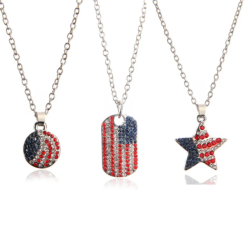 Diamant drapeau américain pendentif collier Hip Hop rond cinq branches étoile drapeaux américains étiquette colliers femmes décoration bijoux cadeau