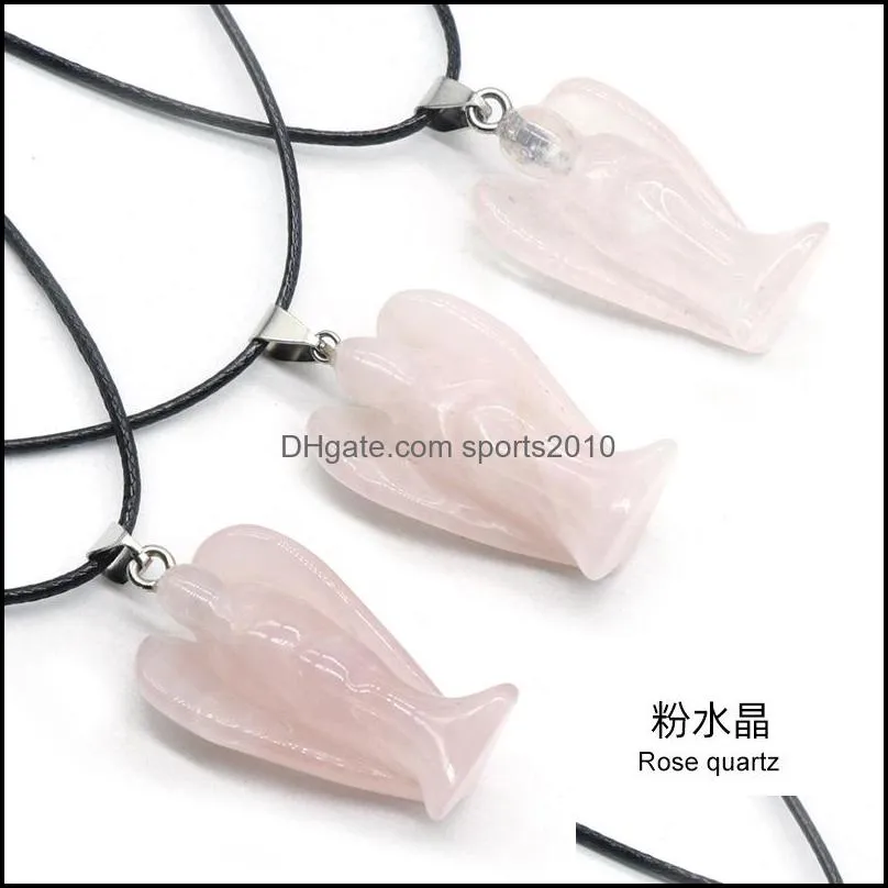 natural stone gem carved angel pendant rose quartz crystal jade onyx bead necklace healing guardian jewelry for women men rope chain