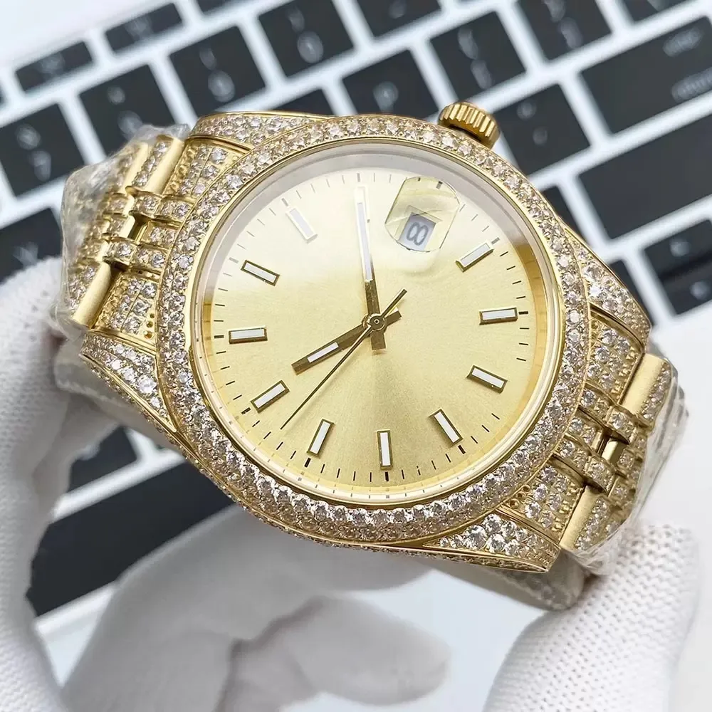 メンズオートマチックメカニカルウォッチサファイアフルダイヤモンドウォッチ41mmストラップダイヤモンドがちりばめられたスチールビジネス腕時計