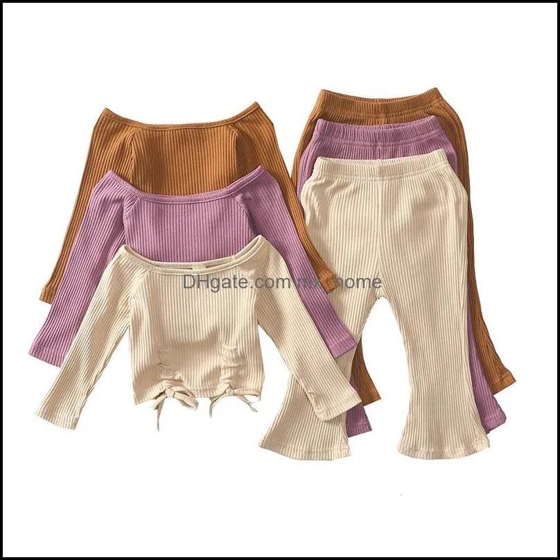 kids clothing sets girls solid color outfits children drawstring off shoulder tops pit stripe flared pants 2pcs/set spring autumn fashion baby clothes