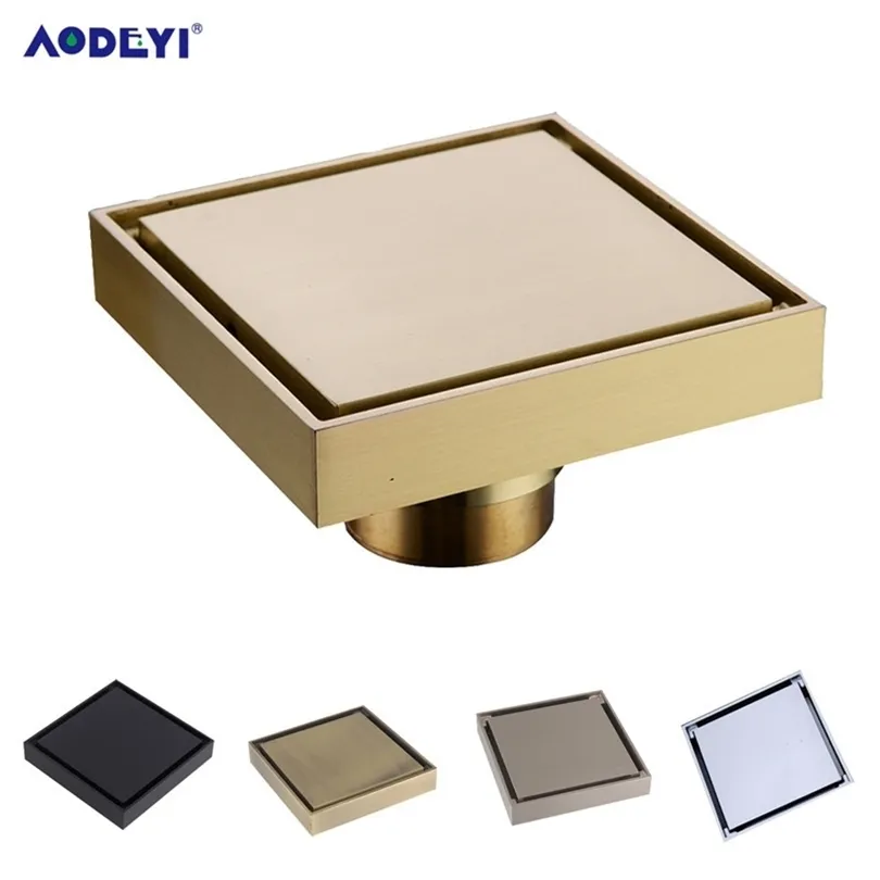 aodeyi新しい100％真鍮シャワー排水バスルーム床排水タイル挿入四角いアンチオーダーフロア廃棄物格段100x100 T200715