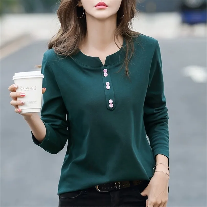 100% coton t-shirt femme printemps mode manches longues col en V t-shirt lâche style coréen grande taille femmes s 220325