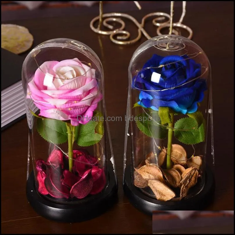 Couronnes de fleurs décoratives, fournitures de fête festives, maison, jardin, fleur éternelle, cadeau de saint-valentin, décoration de Rose rouge, lumière LED pour mariage dans un verre