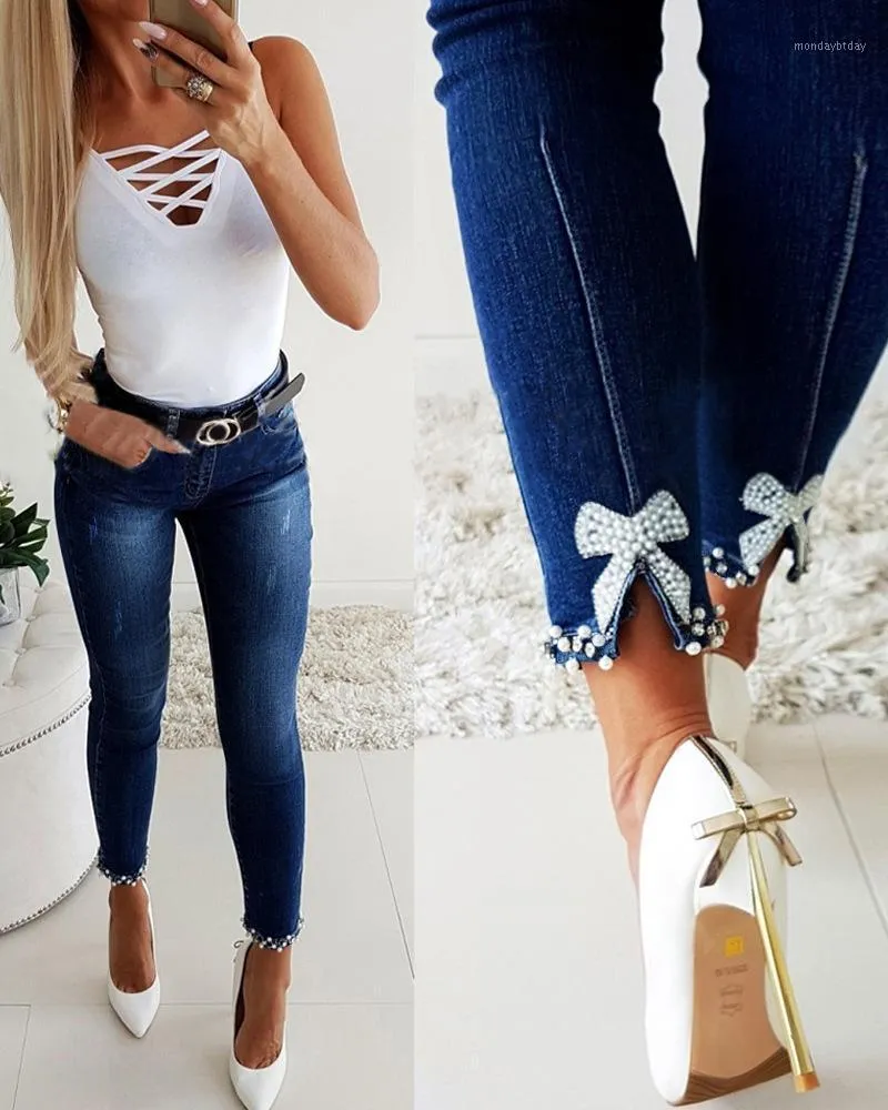 Женские джинсы плюс размеры женские джинсовые брюки модная одежда лето женская нижняя часть брюки с высокой талией повседневная манти с луком скинни