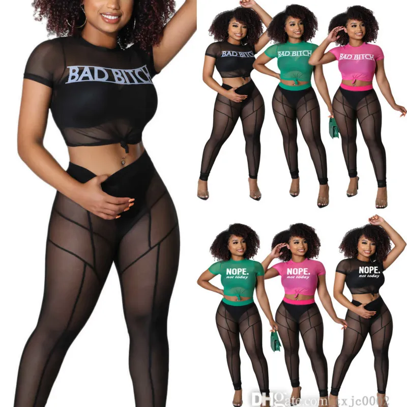 2022 Women Mesh Sheer Yoga Pants Sets Sexy Stretch Gauze Tracksuits Letter  Printed Two Piece Outfits Clothing From Txjc0002, $10.99