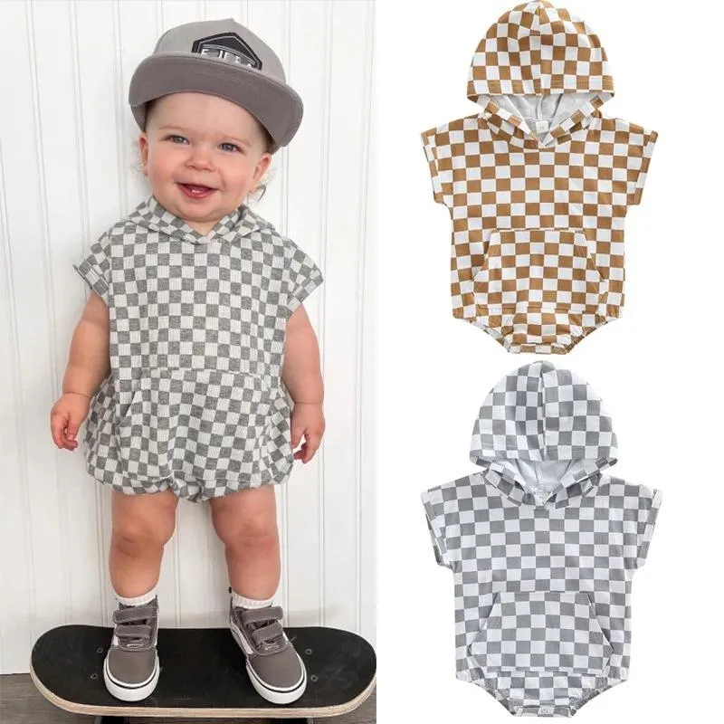 Summer Infant Baby Cotton Barboteuses Enfants Garçons Plaid Hooded Climb Vêtements Tout-petits Enfants Salopettes Barboteuses