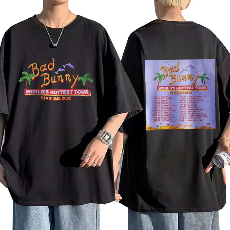 Bad Bunny Tour 양면 프린트 Tshirt Streetwear Oversized Short Sleeve 남성 코튼 T 셔츠 유니섹스 플러스 사이즈 탑 220616