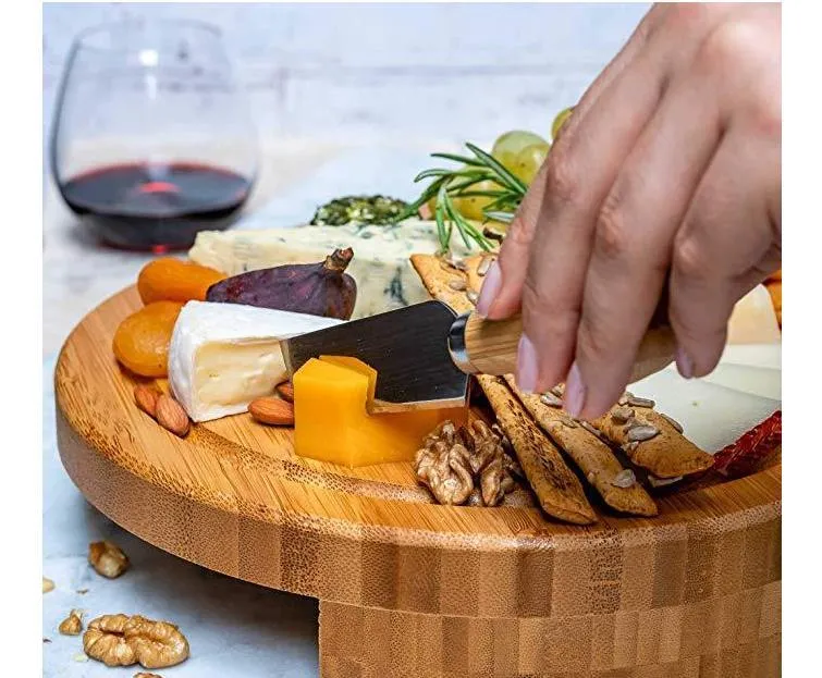 Kitchen Tools Bamboo Cheese Board and Knife Set Round Charcuterie Boards Swivel Meat Platter Holiday Housewarming Gift SN6214