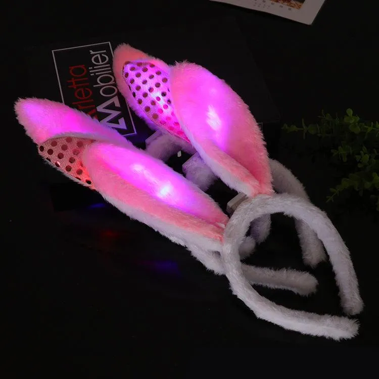 LED Light Flashing Fluffy Rabbit Ears Headband Sequins Headdress Party Supplies Bunny Ears Costume accessory Cosplay Christmas