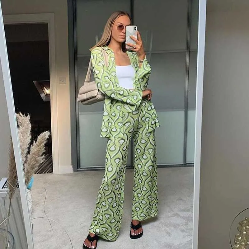 Dames tweedelige broek vrouw elegant groen losse shirt pakken 2022 lente vinatge vrouwelijk hoog taille rechte pak dames extra grote 2 pc's s