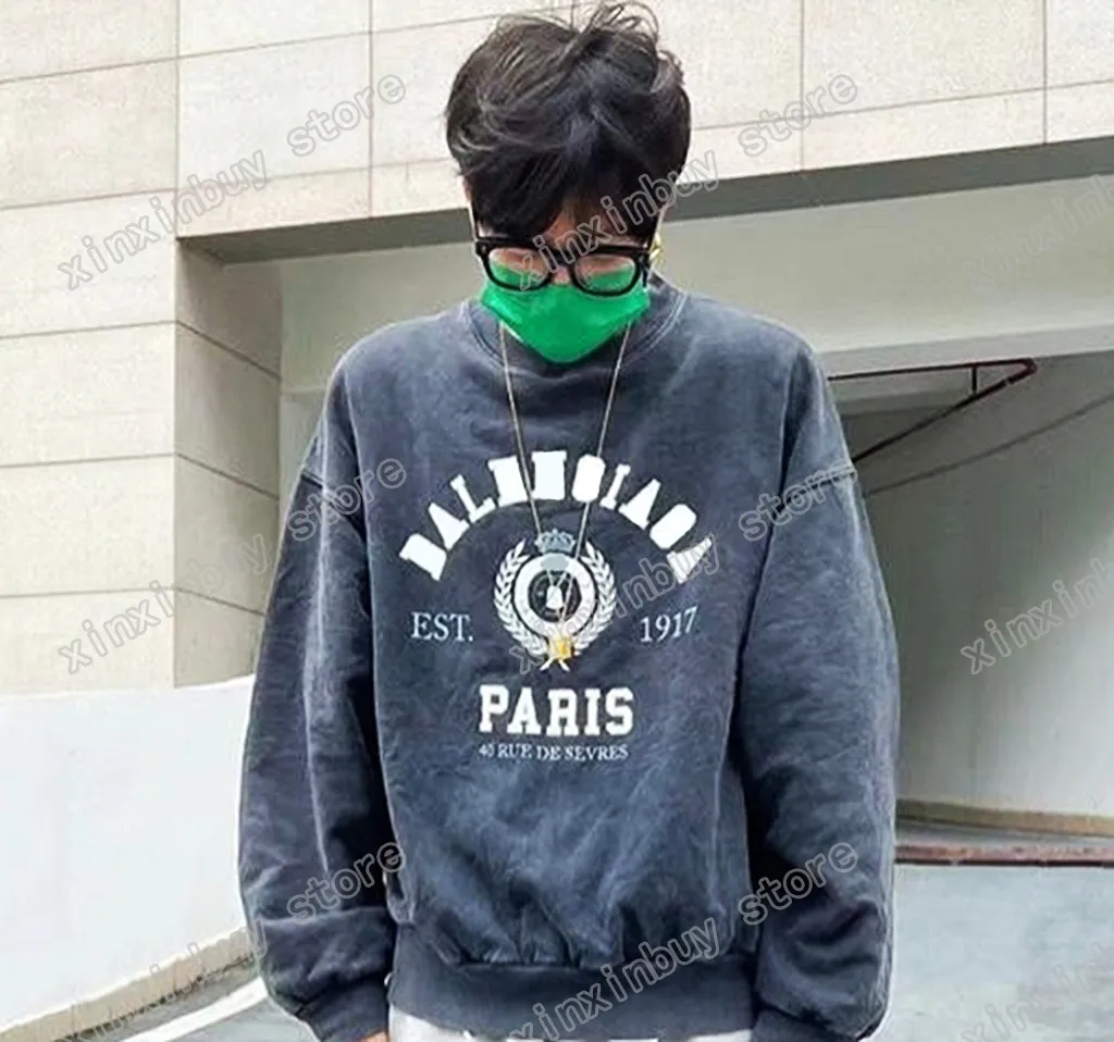 xinxinbuy Moletons masculinos femininos DESTRUIDO Paris 1917 Orelhas Trigo cinza preto oversize S-2XL