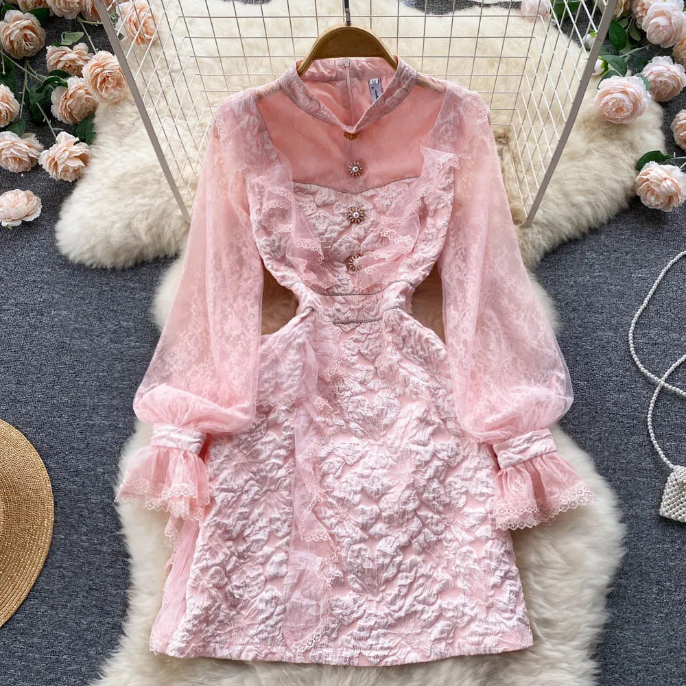 Spring Summer Sweet Hollow Out Lace Pink Dress Women O-Neck Flare Sleeve  Ruffles Emboridery Jacquard Dress 2022