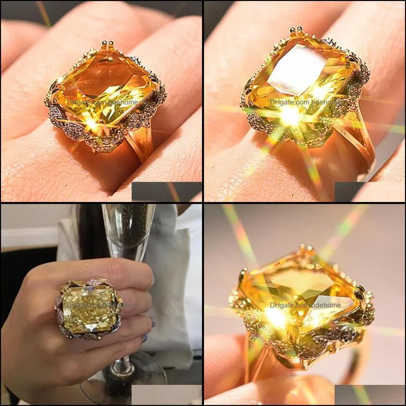 Square Yellow Cyrstal Engagement Band Ring Champagne Big Zircon Rings For Women Vintage Jewelry