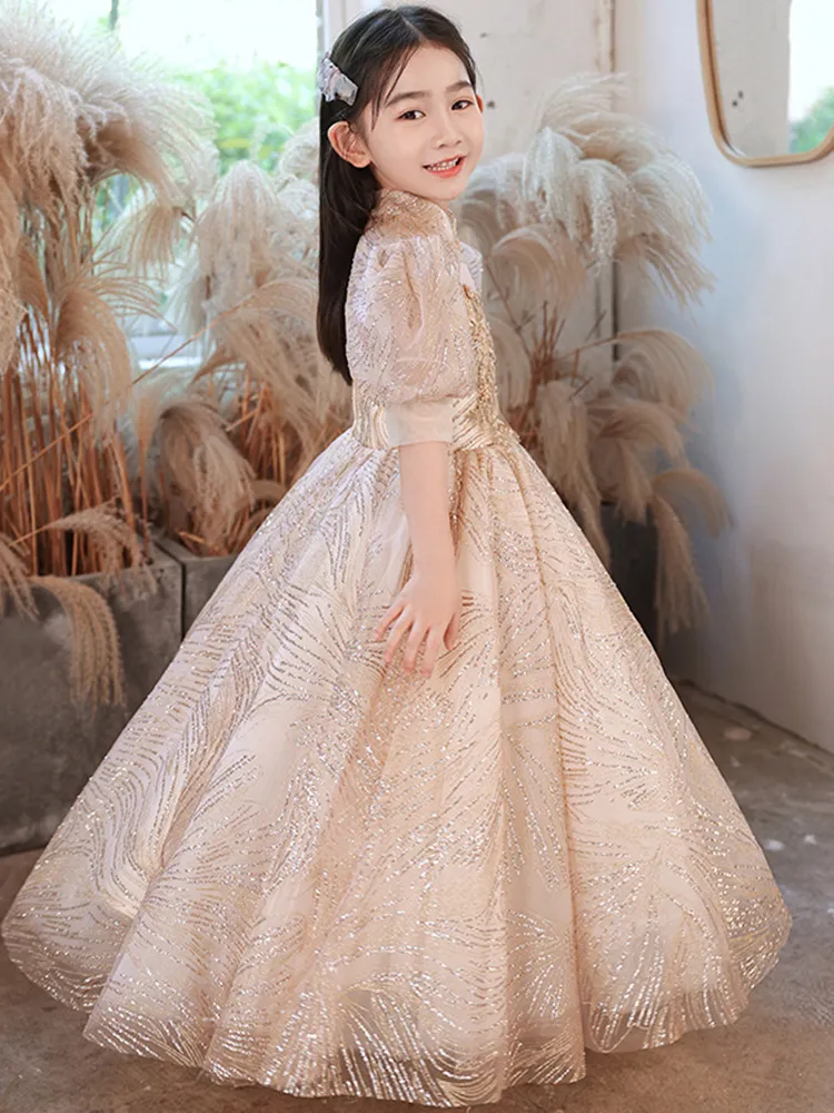 Flower Girl Princess Evening Gown With Floral Appliques Beaded