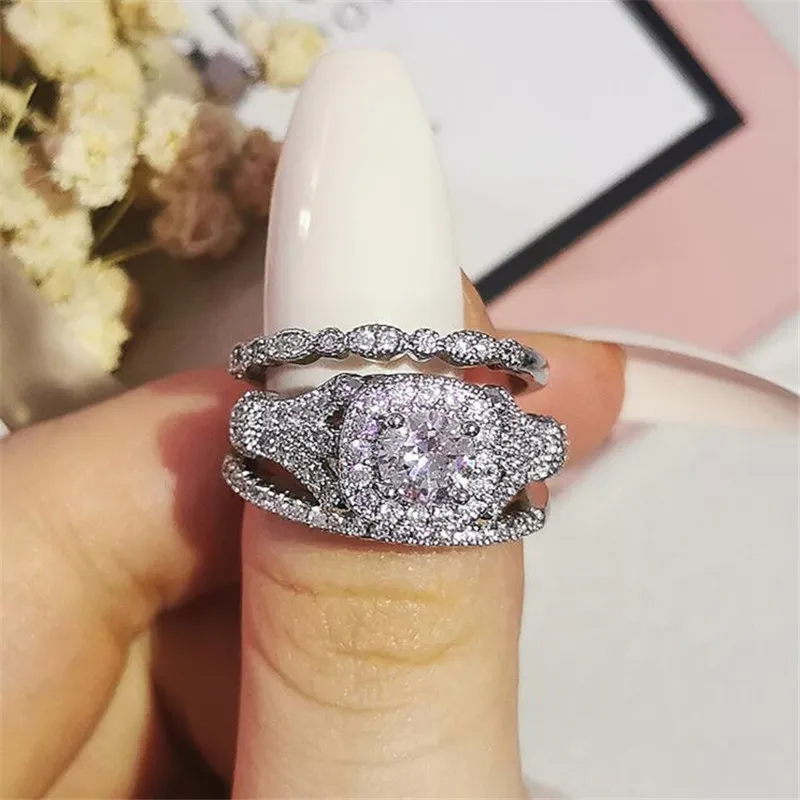 925 Sterling Silver Vintage CZ Round Halo Engagement Ring & Wedding Band Set, Sizes 5-10