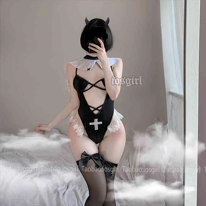 Anime lingerie Nun Cosplay Outfit For Women Kawaii Lace Sexy Costumes bodysuit Japanese Student Uniform Hollow Slim Dress