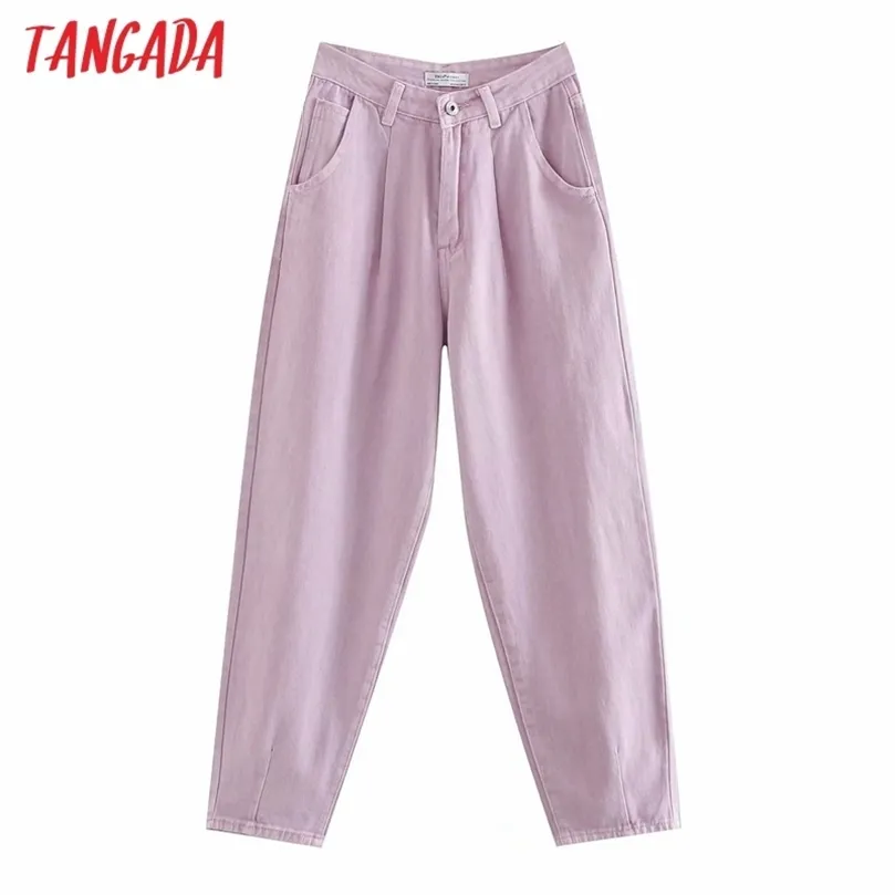 Tangada Women Violet Chic Mom Dżinsy Przyjazd Długie spodnie Pockets Zipper Loose Casual Female Denim Spods 4M108 210302