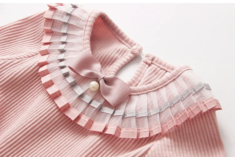 2018 Spring Autumn 100% Cotton White Grey Pink Solid Color Long Sleeve Pleated Turn-Down Collar Neck T Shirt For Girls 10 Years (15)