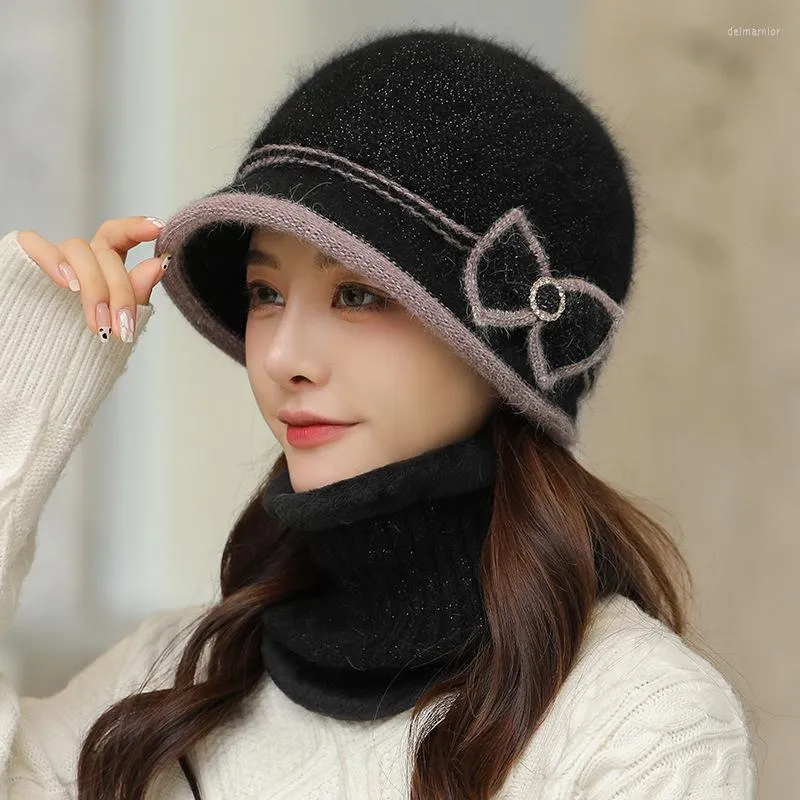 Gorro/crânio tampas 2pcs/set women chapéu de inverno e lenço de arco lamado