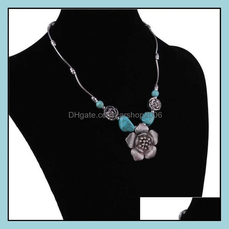 women`s rose flower tibetan silver turquoise pendant necklaces dmtqn041 fashion gift national style women diy necklace pendants