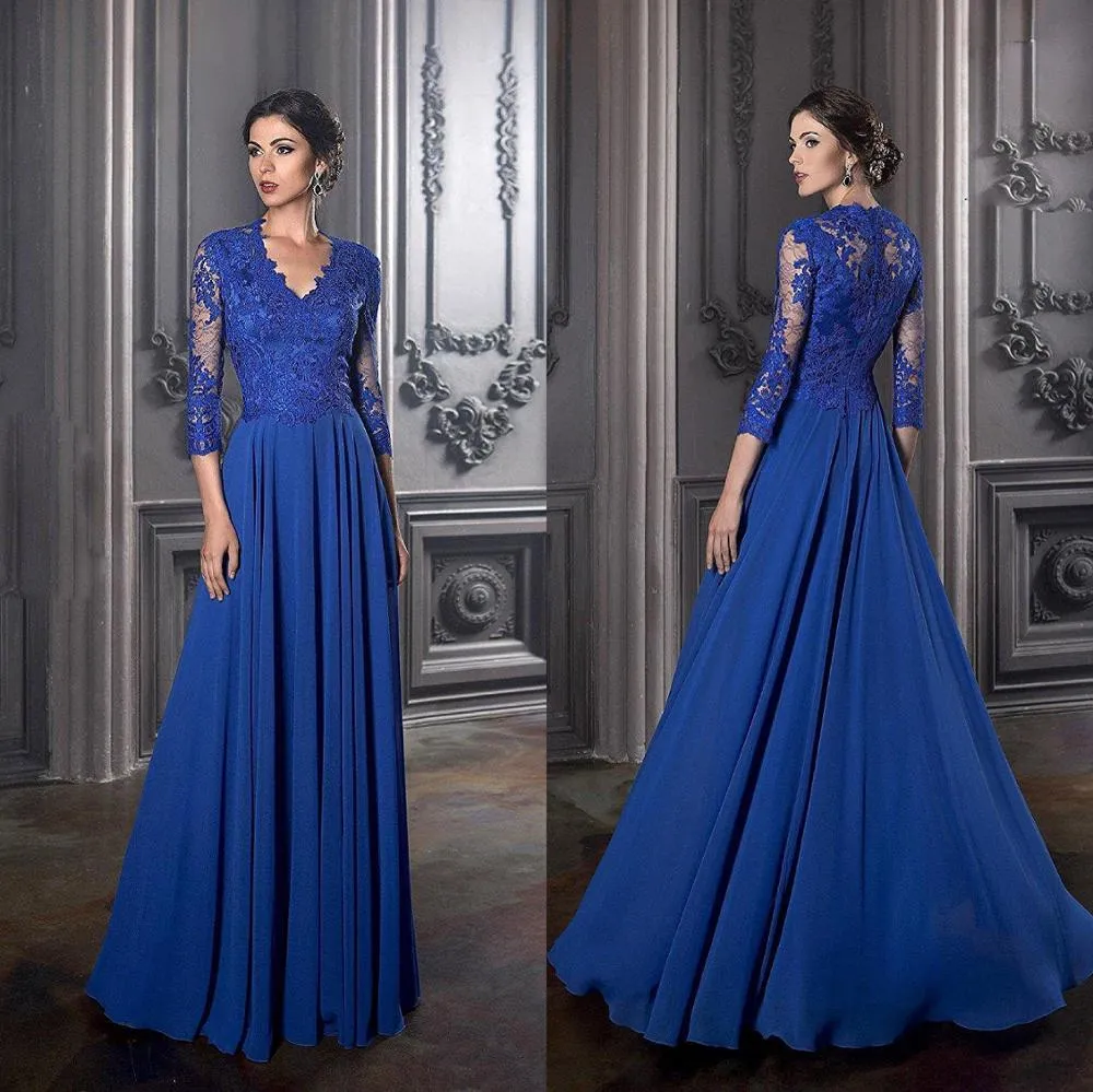 Royer Blaues Kleid für die Brautmutter mit langen Ärmeln, Spitzen-Chiffon, Bräutigamkleid, A-Linie, Hochzeits-, Party- und Gastkleider